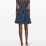 Abito corto con applicazione a fiori in blu denim - donna 