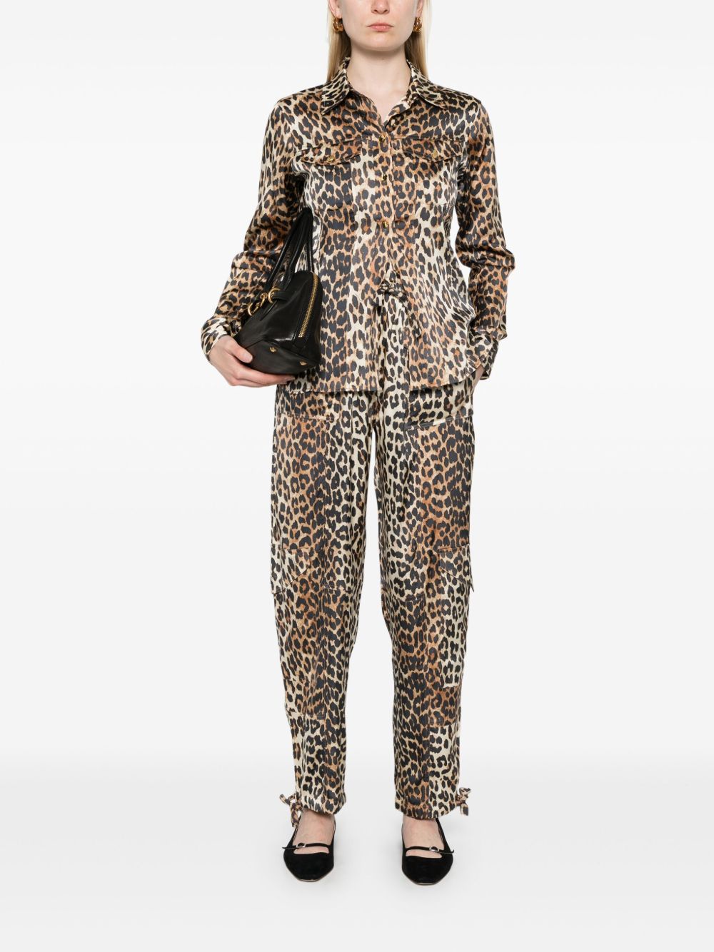Camicia in raso con stampa leopradata in marrone Ganni - donna 