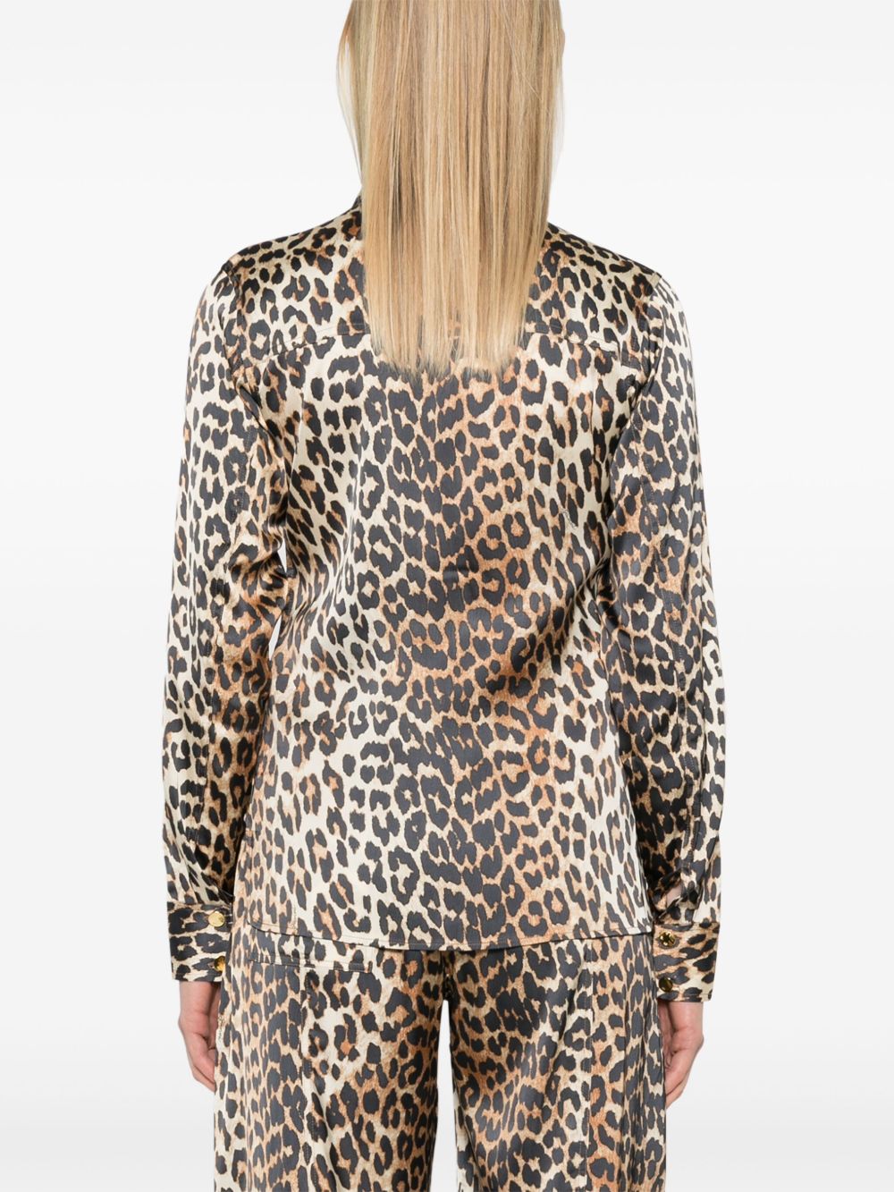 Camicia in raso con stampa leopradata in marrone Ganni - donna 