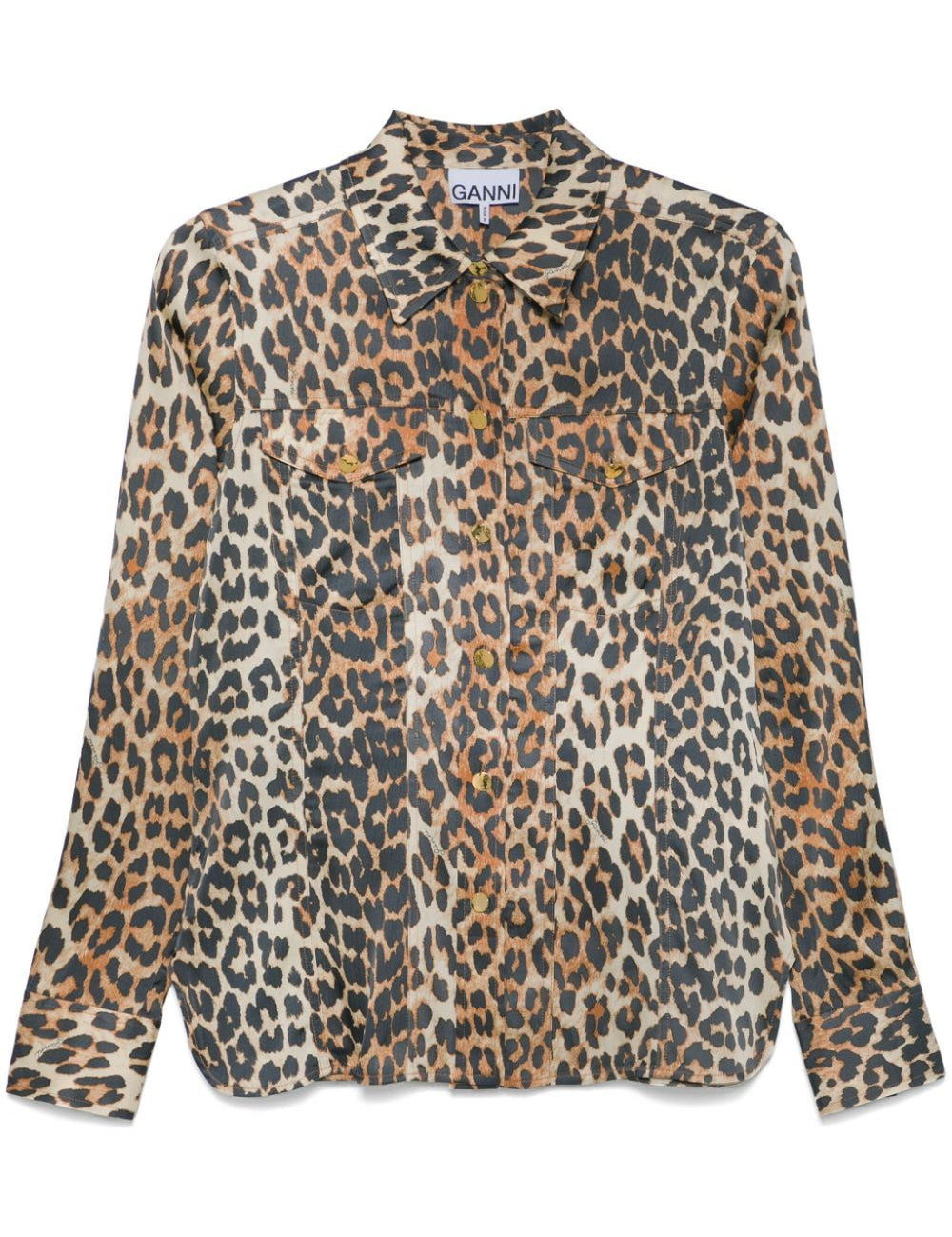 Camicia in raso con stampa leopradata in marrone Ganni - donna 