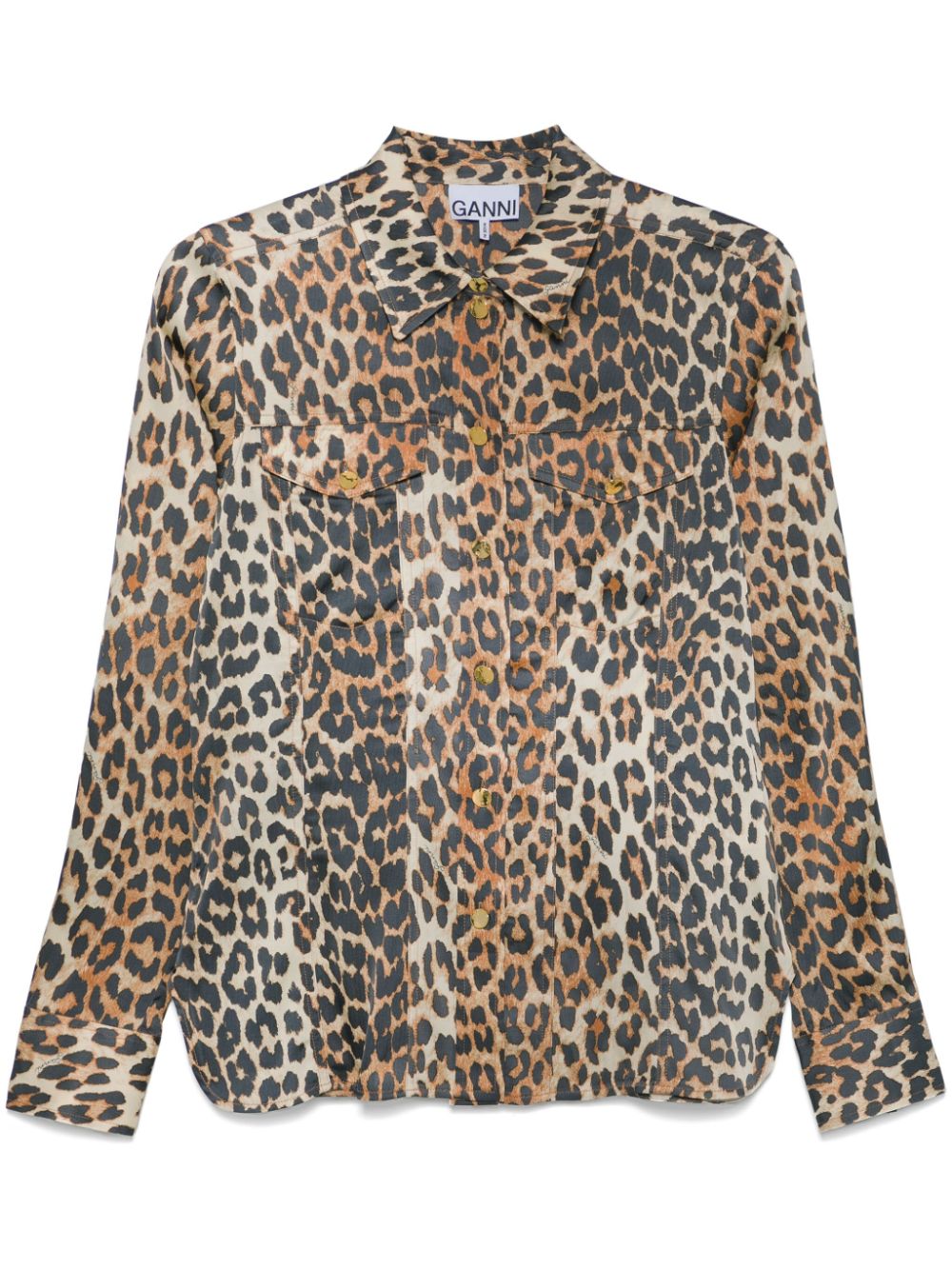 Camicia in raso con stampa leopradata in marrone Ganni - donna 