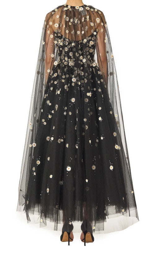 Mantella in tulle con ricamo daisy in nero monique Lhuillier - donna 