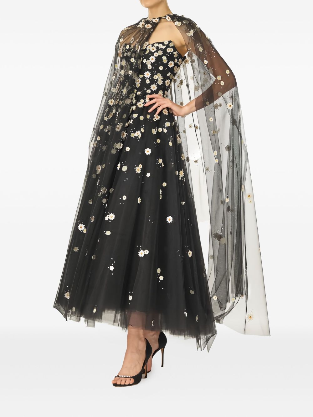 Mantella in tulle con ricamo daisy in nero monique Lhuillier - donna 