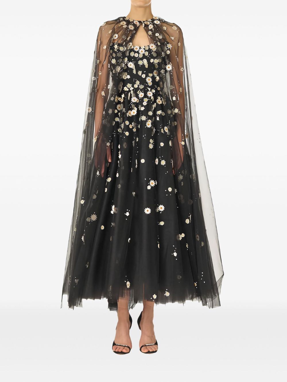 Mantella in tulle con ricamo daisy in nero monique Lhuillier - donna 