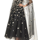 Mantella in tulle con ricamo daisy in nero monique Lhuillier - donna 