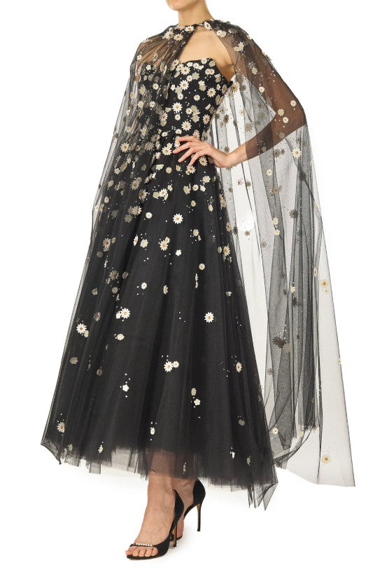 Mantella in tulle con ricamo daisy in nero monique Lhuillier - donna 