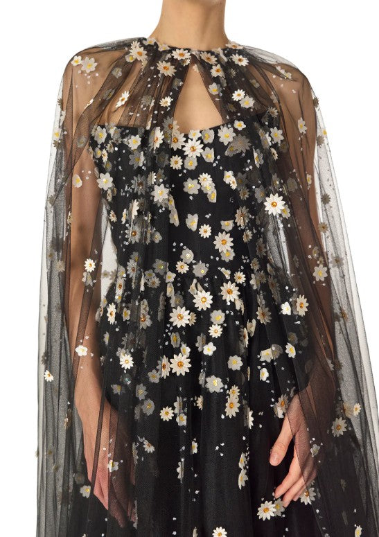 Mantella in tulle con ricamo daisy in nero monique Lhuillier - donna 