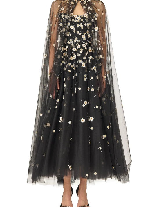 Mantella in tulle con ricamo daisy in nero monique Lhuillier - donna 
