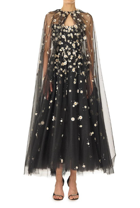 Mantella in tulle con ricamo daisy in nero monique Lhuillier - donna 