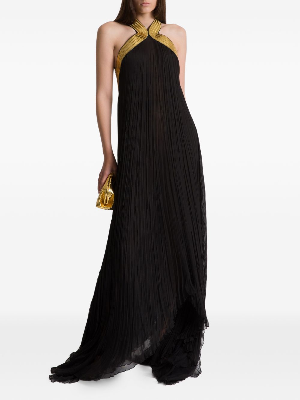 Abito lungo in chiffon plissé con ricami metallici in nero 