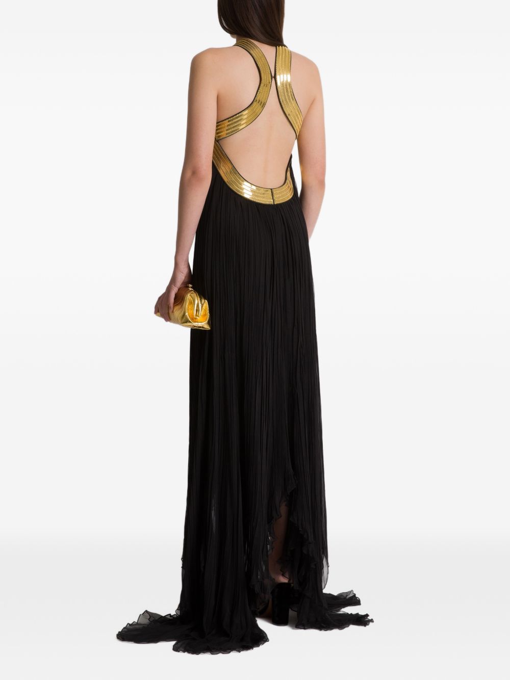 Abito lungo in chiffon plissé con ricami metallici in nero 
