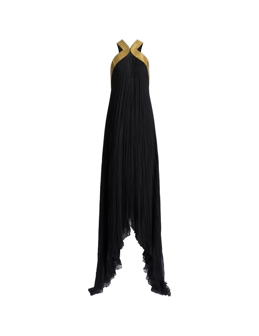Abito lungo in chiffon plissé con ricami metallici in nero 
