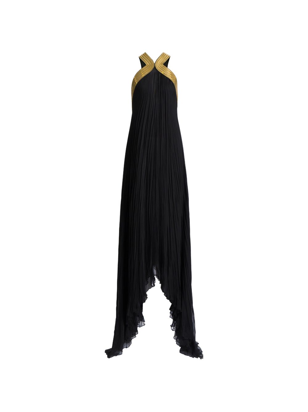 Abito lungo in chiffon plissé con ricami metallici in nero 