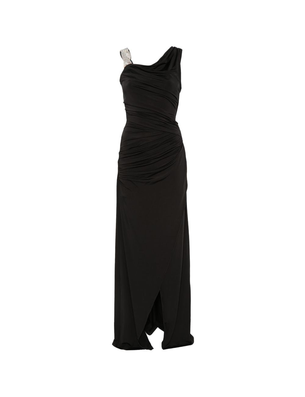 Abito lungo asimmetrico con arricciature e decorazioni di cristalli in nero Amen - donna 