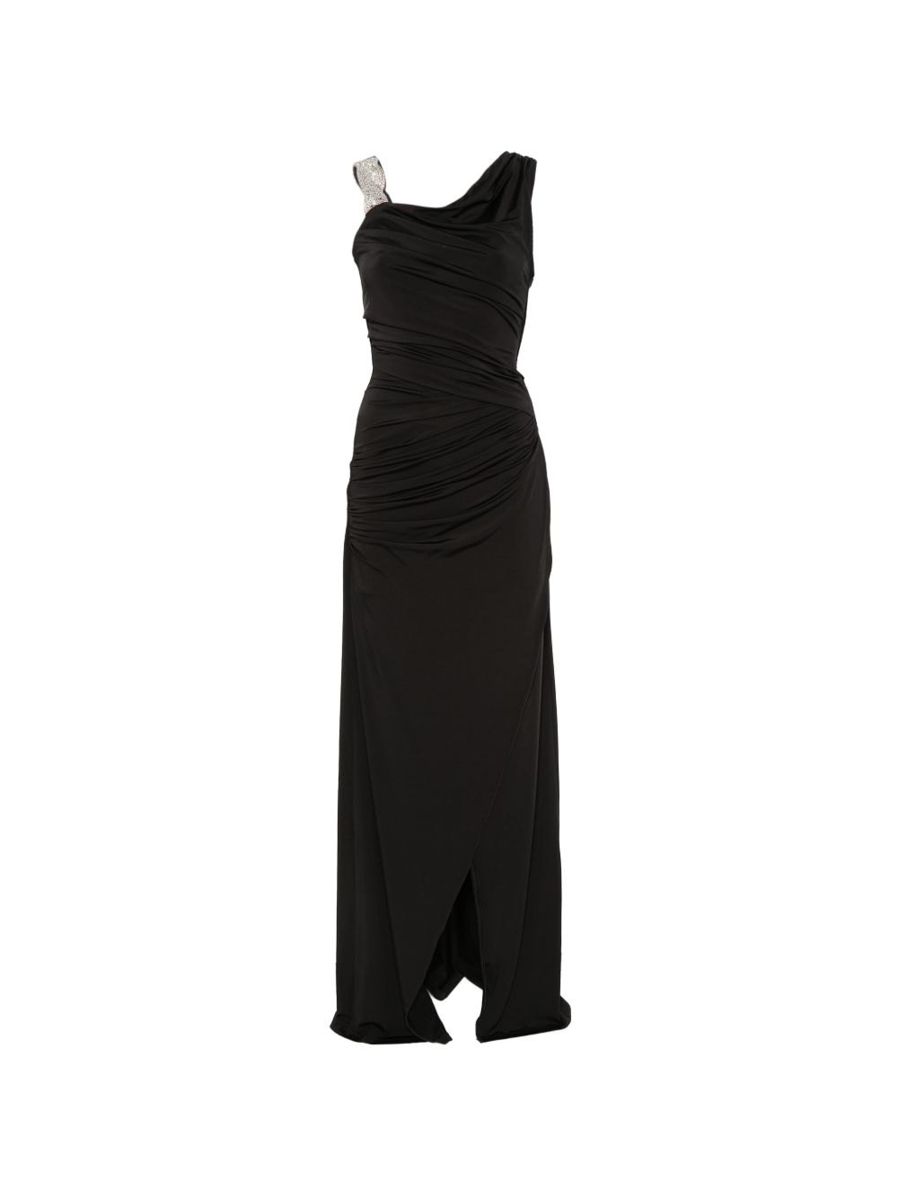 Abito lungo asimmetrico con arricciature e decorazioni di cristalli in nero Amen - donna 
