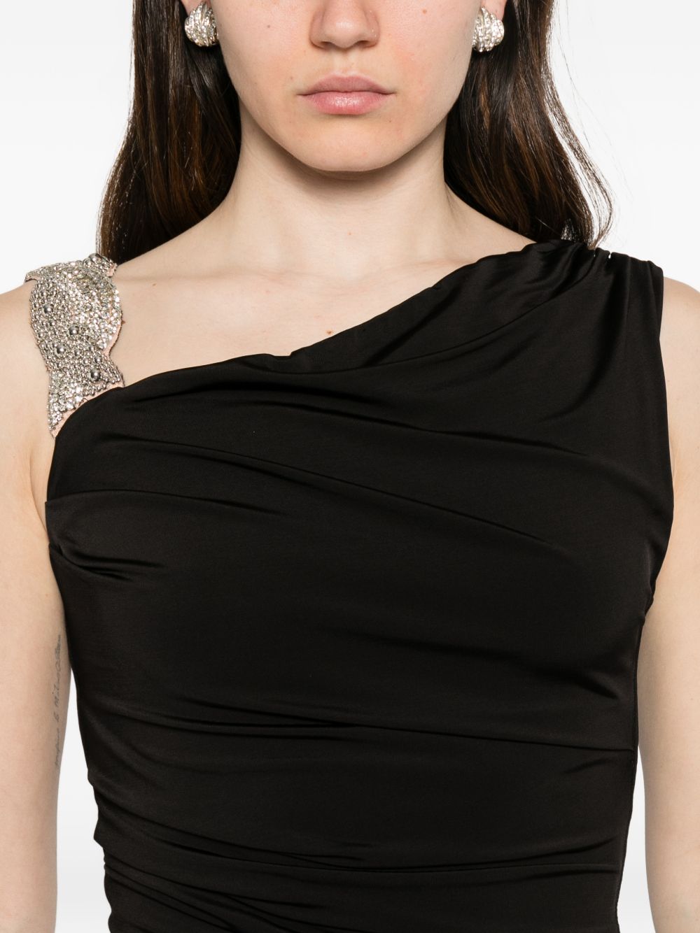 Abito lungo asimmetrico con arricciature e decorazioni di cristalli in nero Amen - donna 