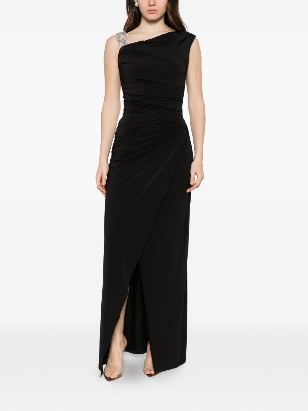 Abito lungo asimmetrico con arricciature e decorazioni di cristalli in nero Amen - donna 