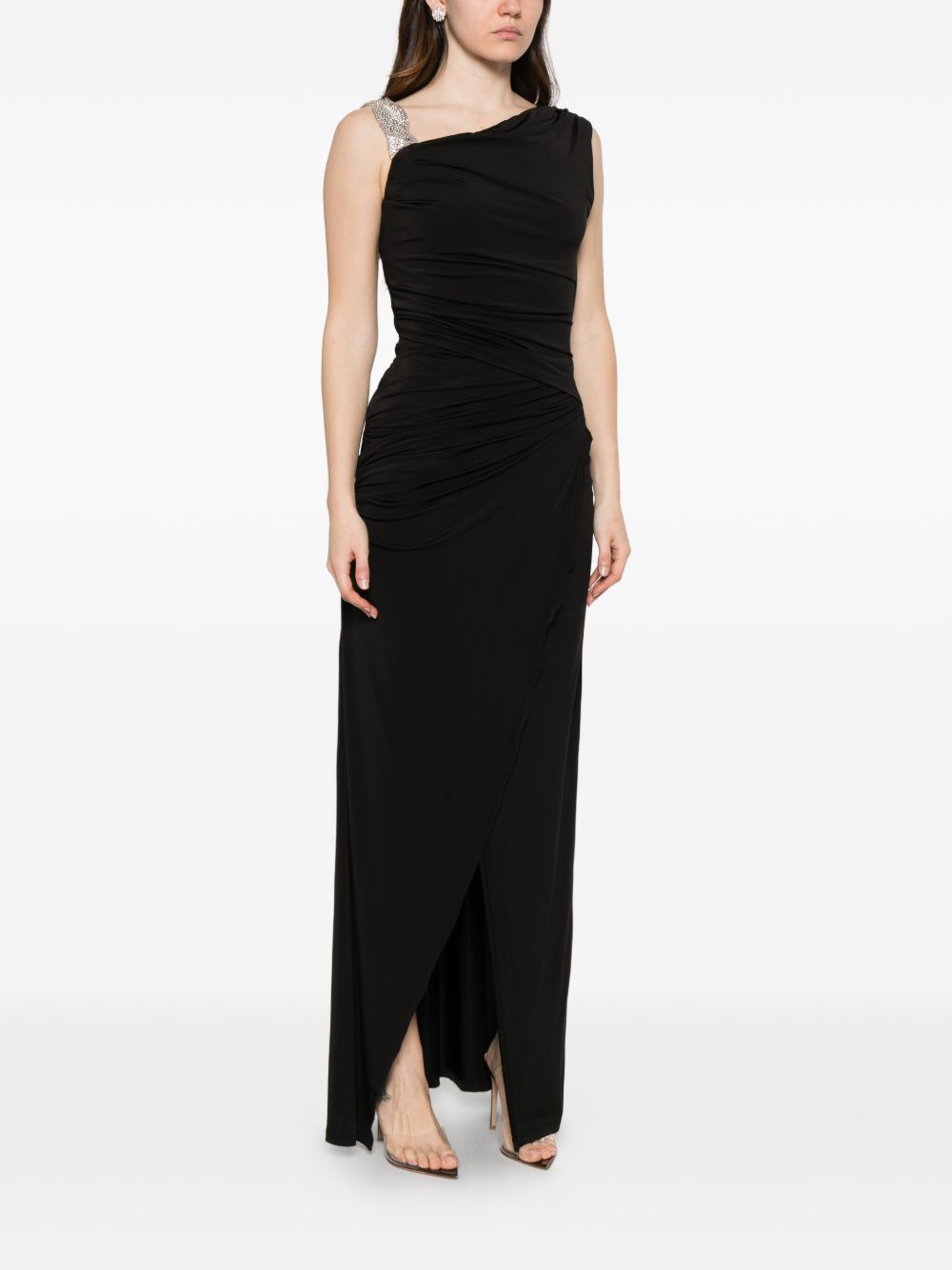 Abito lungo asimmetrico con arricciature e decorazioni di cristalli in nero Amen - donna 