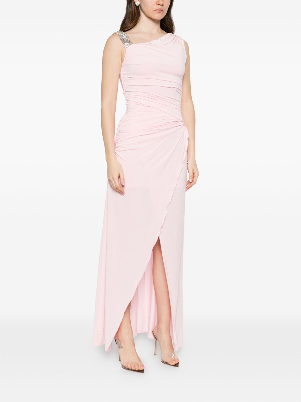 Abito lungo asimmetrico con arricciature e decorazioni di cristalli in rosa Amen - donna 