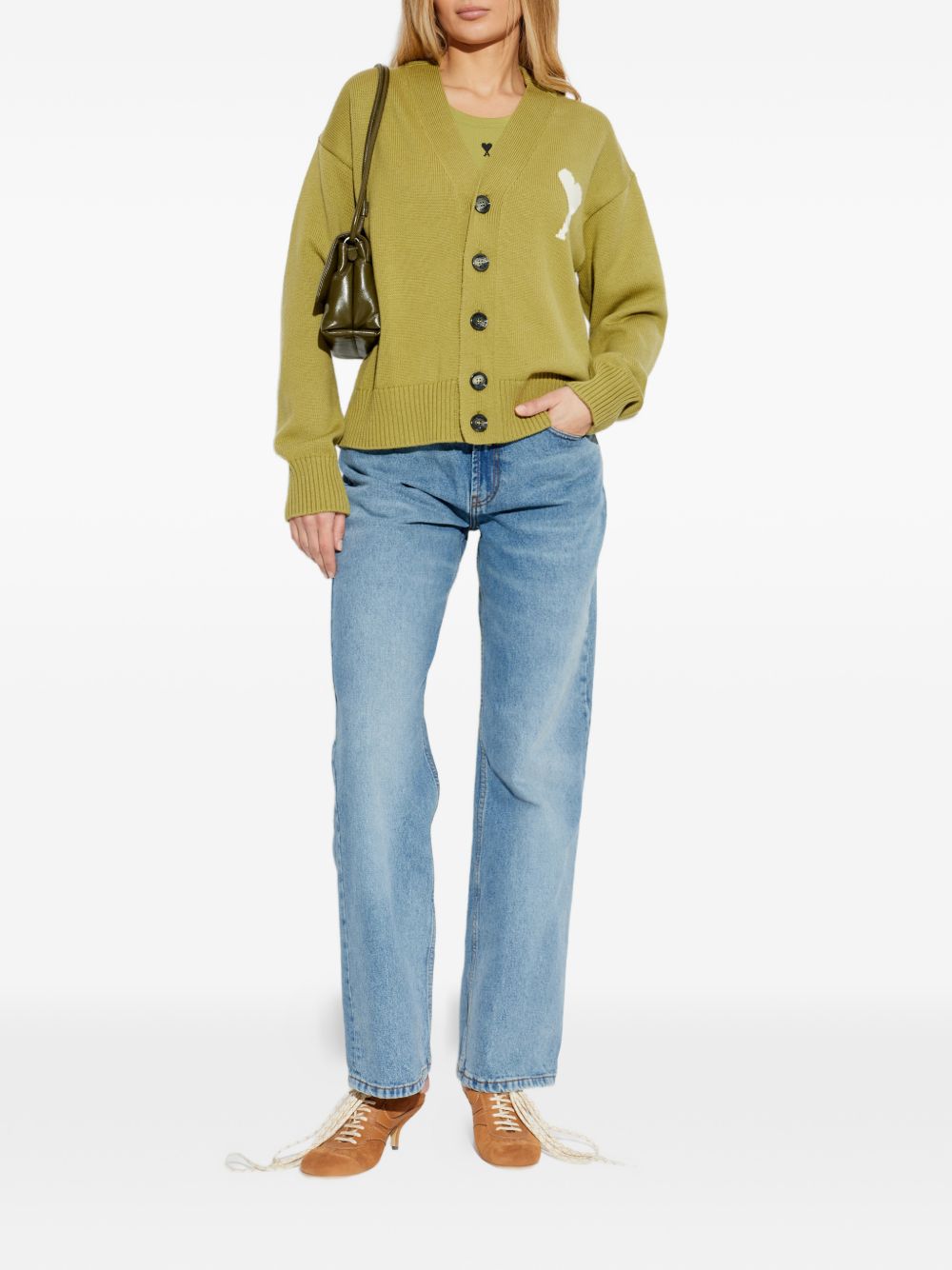 Cardigan ricamato in verde Ami paris - uomo 