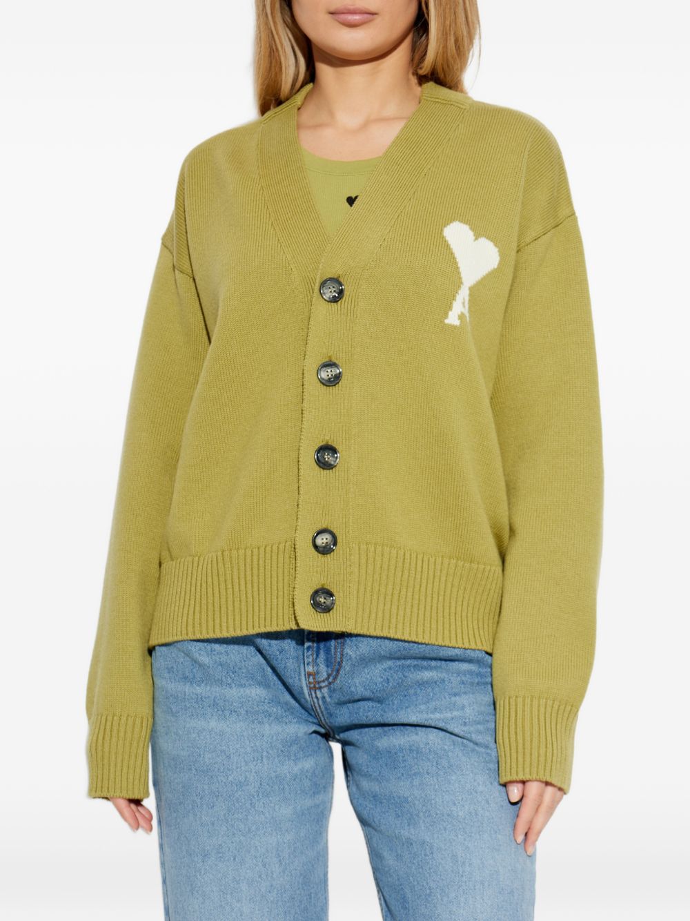 Cardigan ricamato in verde Ami paris - uomo 
