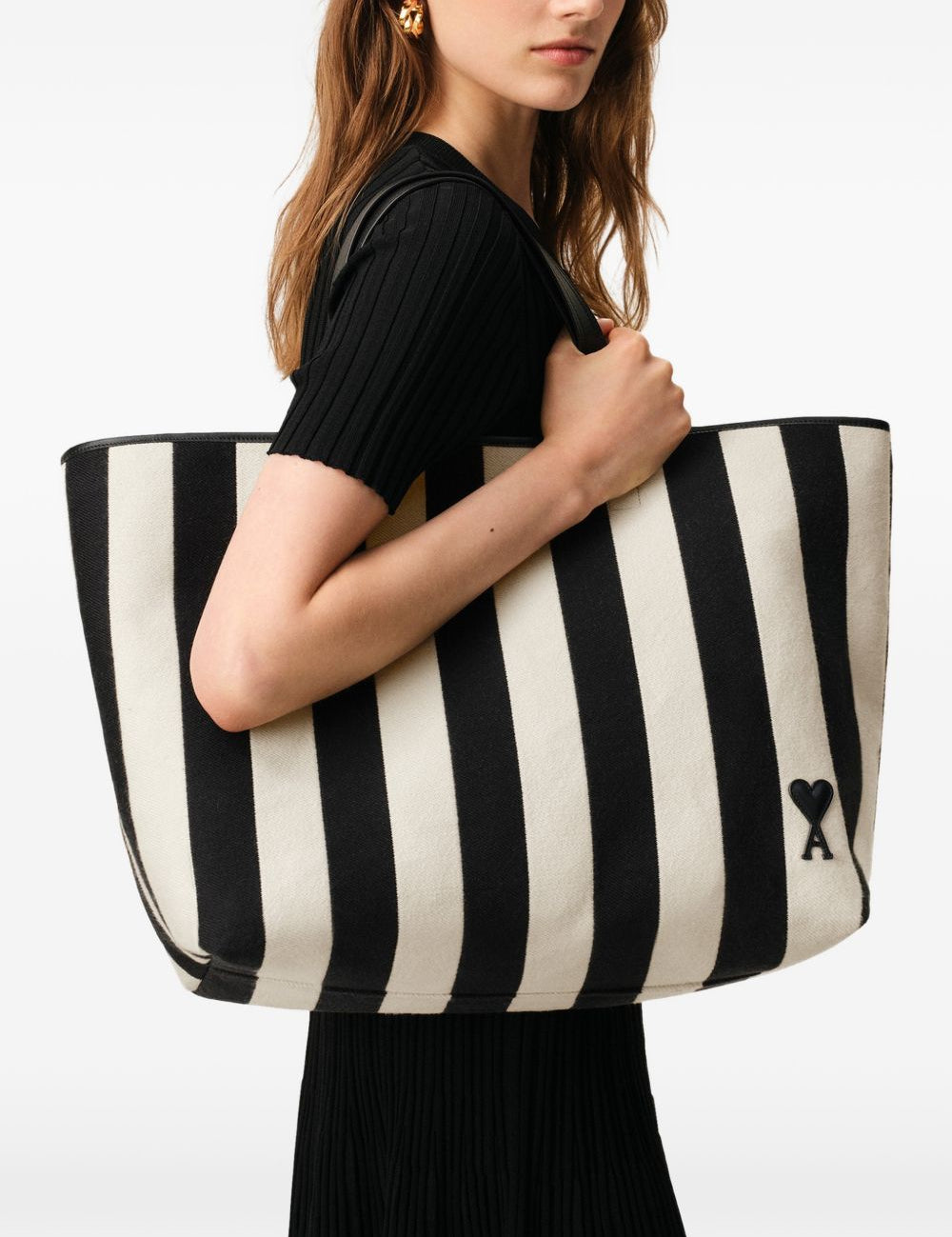 Borsa tote a righe con logo in bianco e nero ami paris - donna 