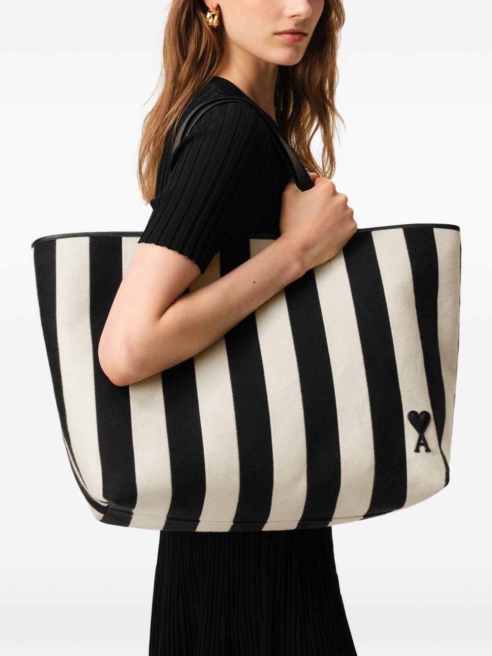 Borsa tote a righe con logo in bianco e nero ami paris - donna 
