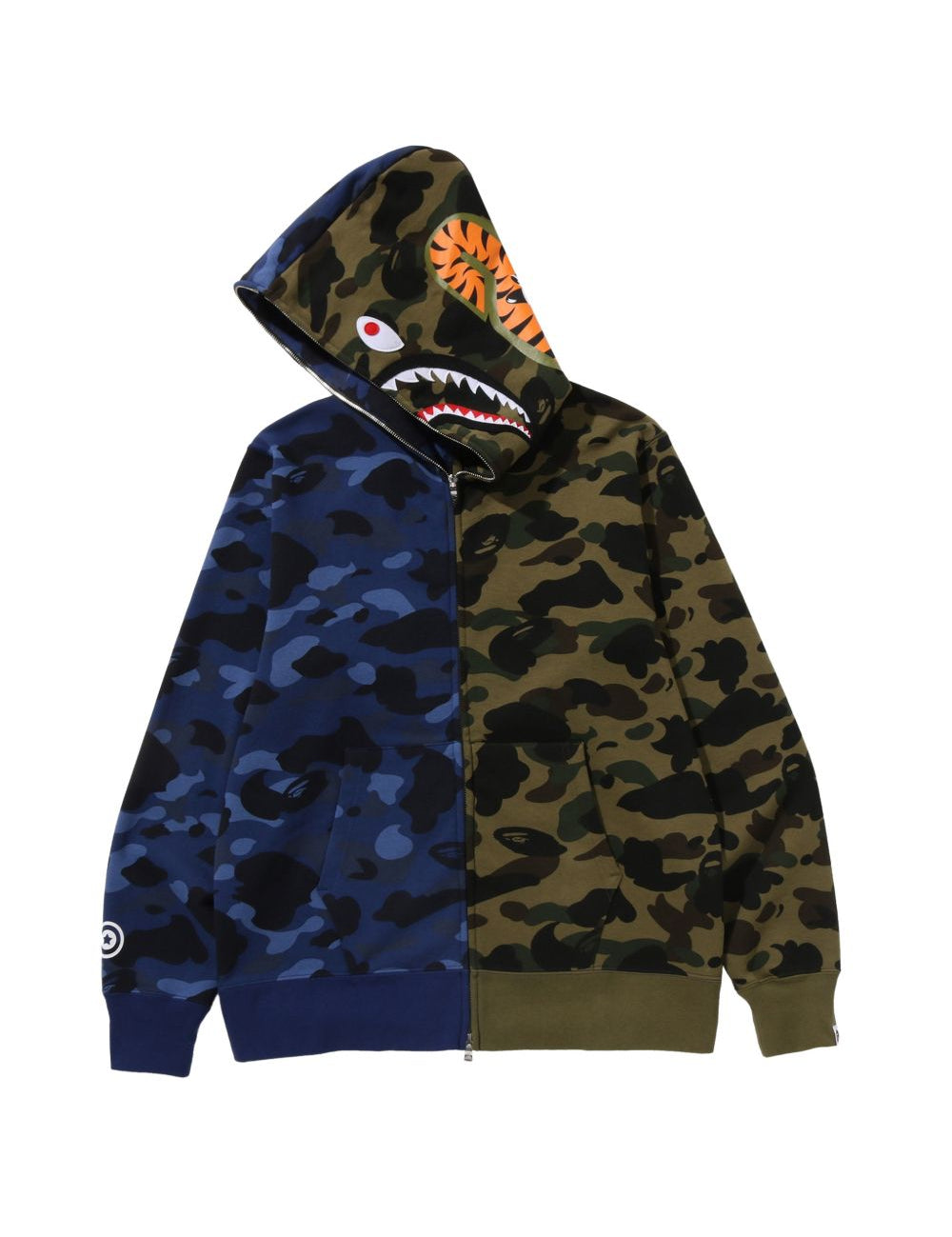 Felpa con zip intera e motivo mimetico a squalo in blu e verde A bathing ape - uomo 