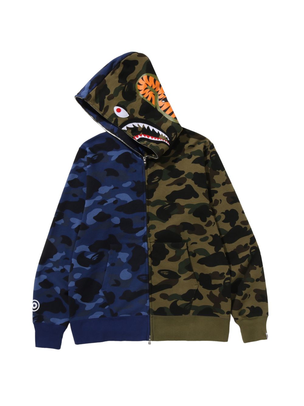 Felpa con zip intera e motivo mimetico a squalo in blu e verde A bathing ape - uomo 
