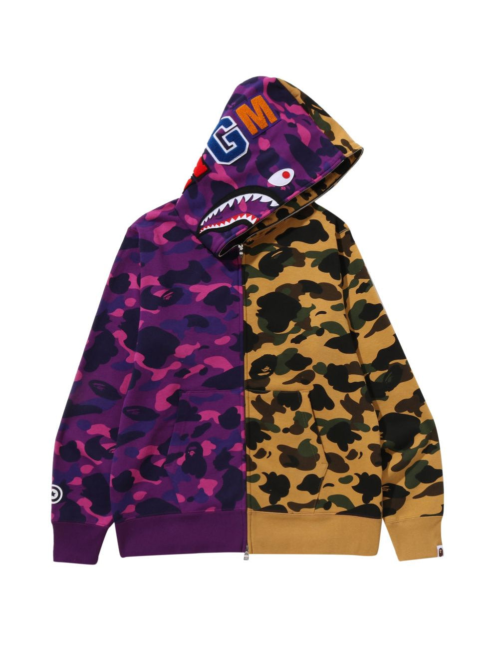 Felpa con zip intera e motivo mimetico con squalo in viola A bathing ape - uomo 