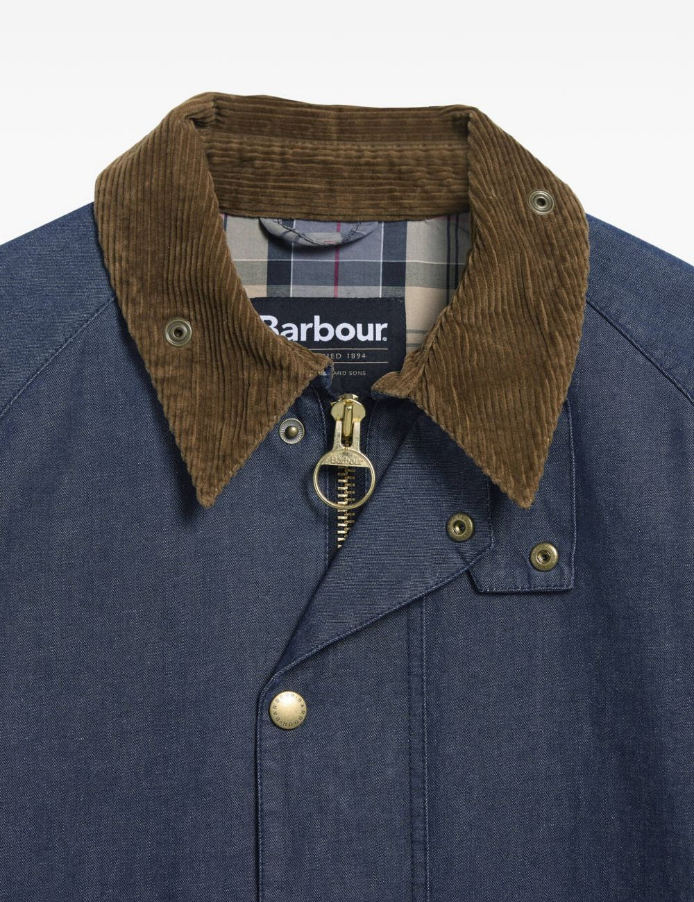 Giacca denim con colletto a coste in blu e marrone Barbour - uomo 