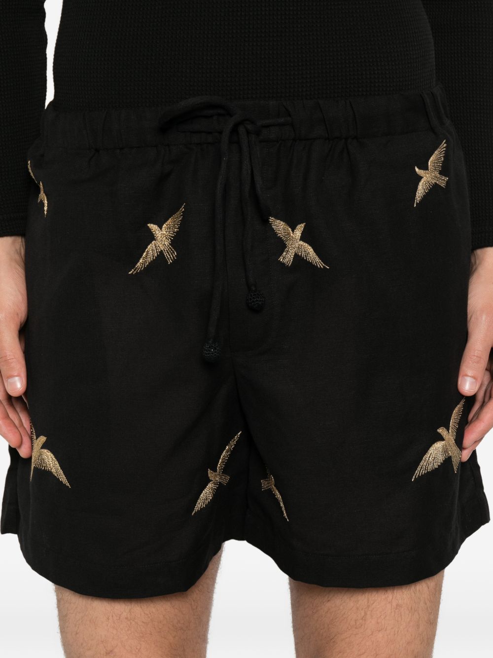 Pantaloncini con coulisse e ricamo di uccelli in nero Baziszt - uomo 