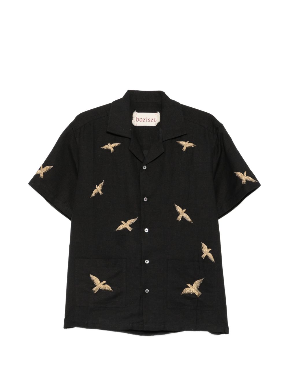 Camicia a maniche corte con ricamo di uccelli in nero Baziszt - uomo 
