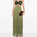 Abito lungo con frange in verde Bless - donna 