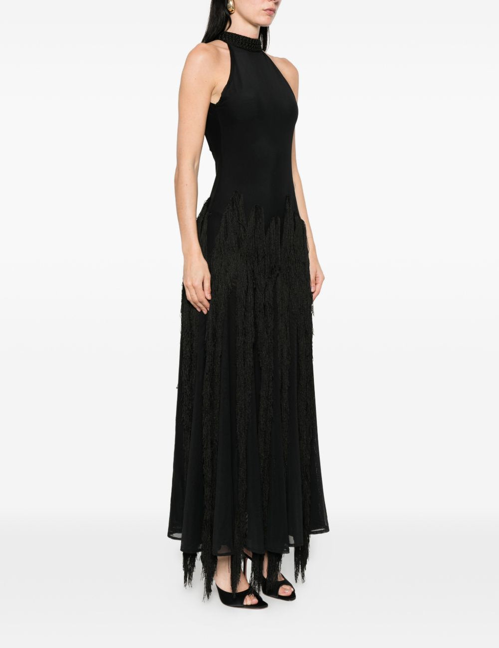 Abito lungo con frange in nero Bless - donna 