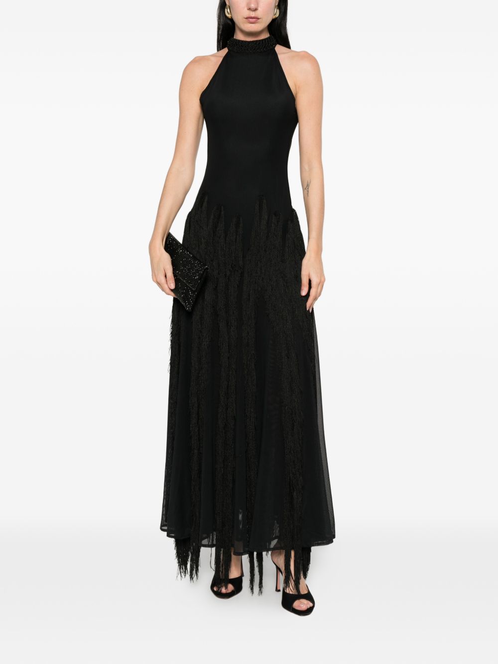 Abito lungo con frange in nero Bless - donna 
