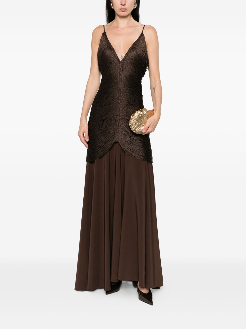 Abito lungo con frange in marrone Bless - donna 