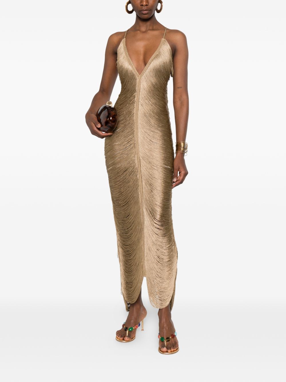 Abito con scollo a v e frange in bronzo Bless - donna 