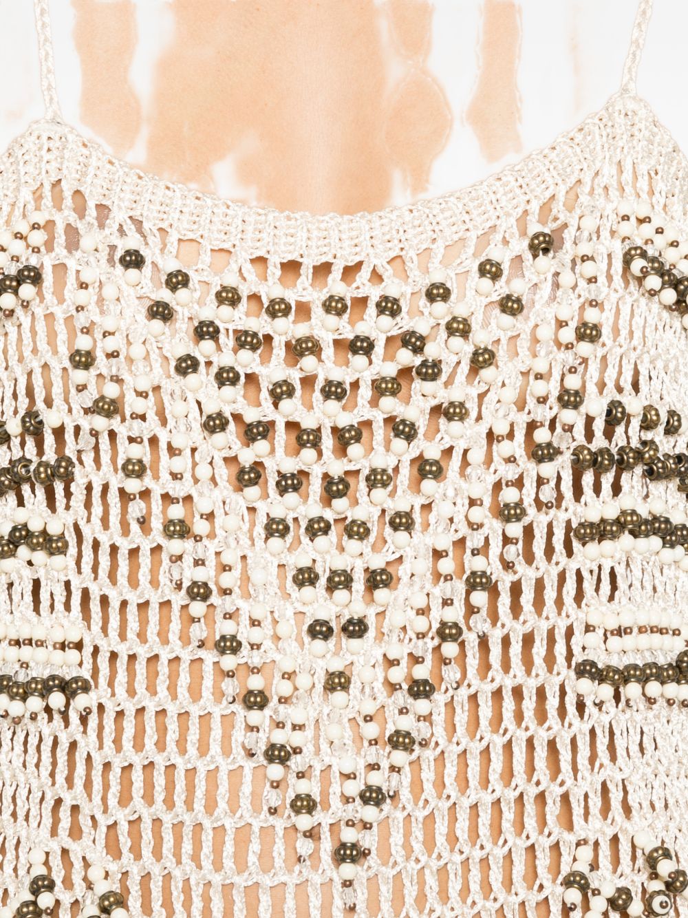 Abito lungo Takara con frange e decorazioni di perline in avorio 
