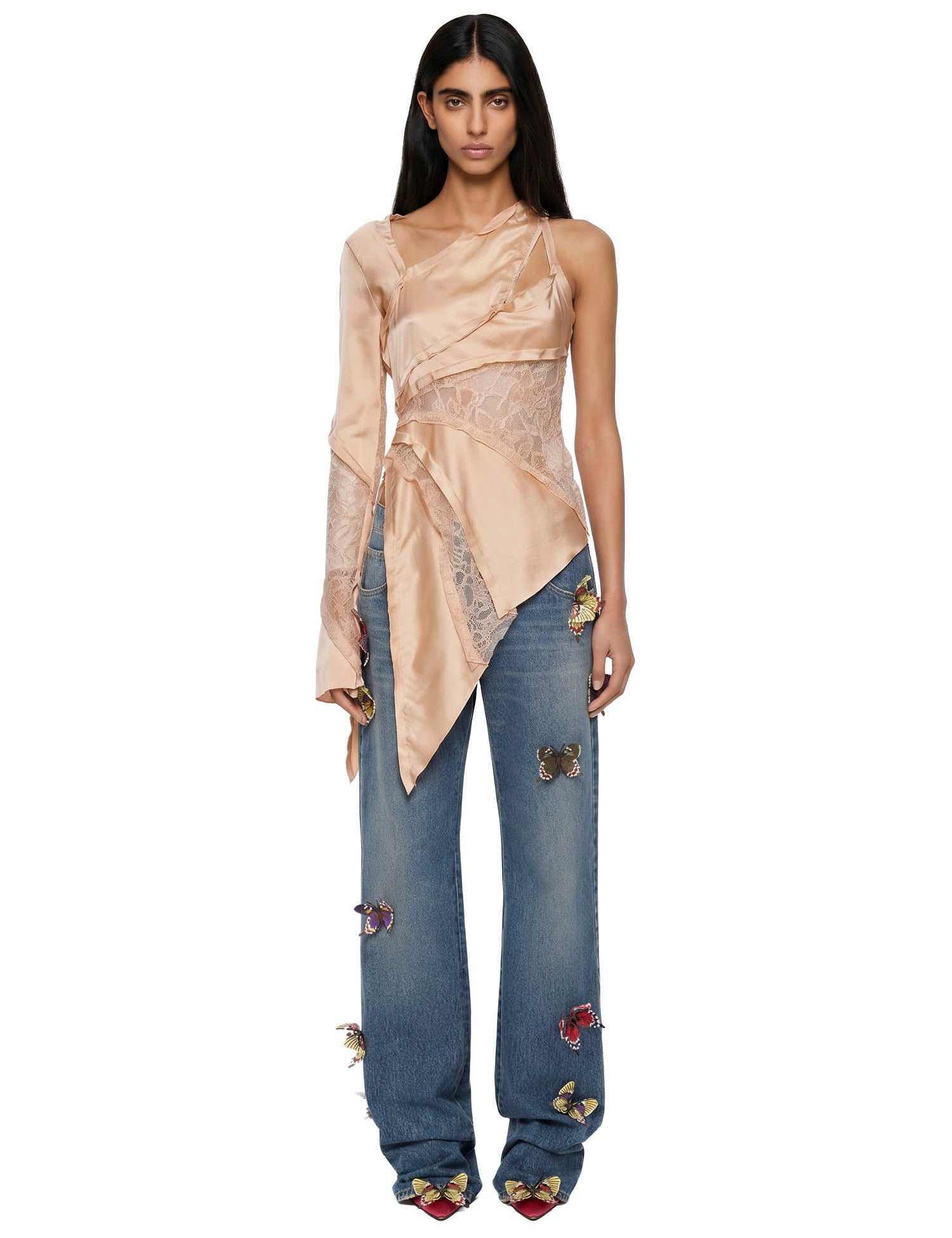 Top satinato con inserti in pizzo in beige Blumarine - donna 