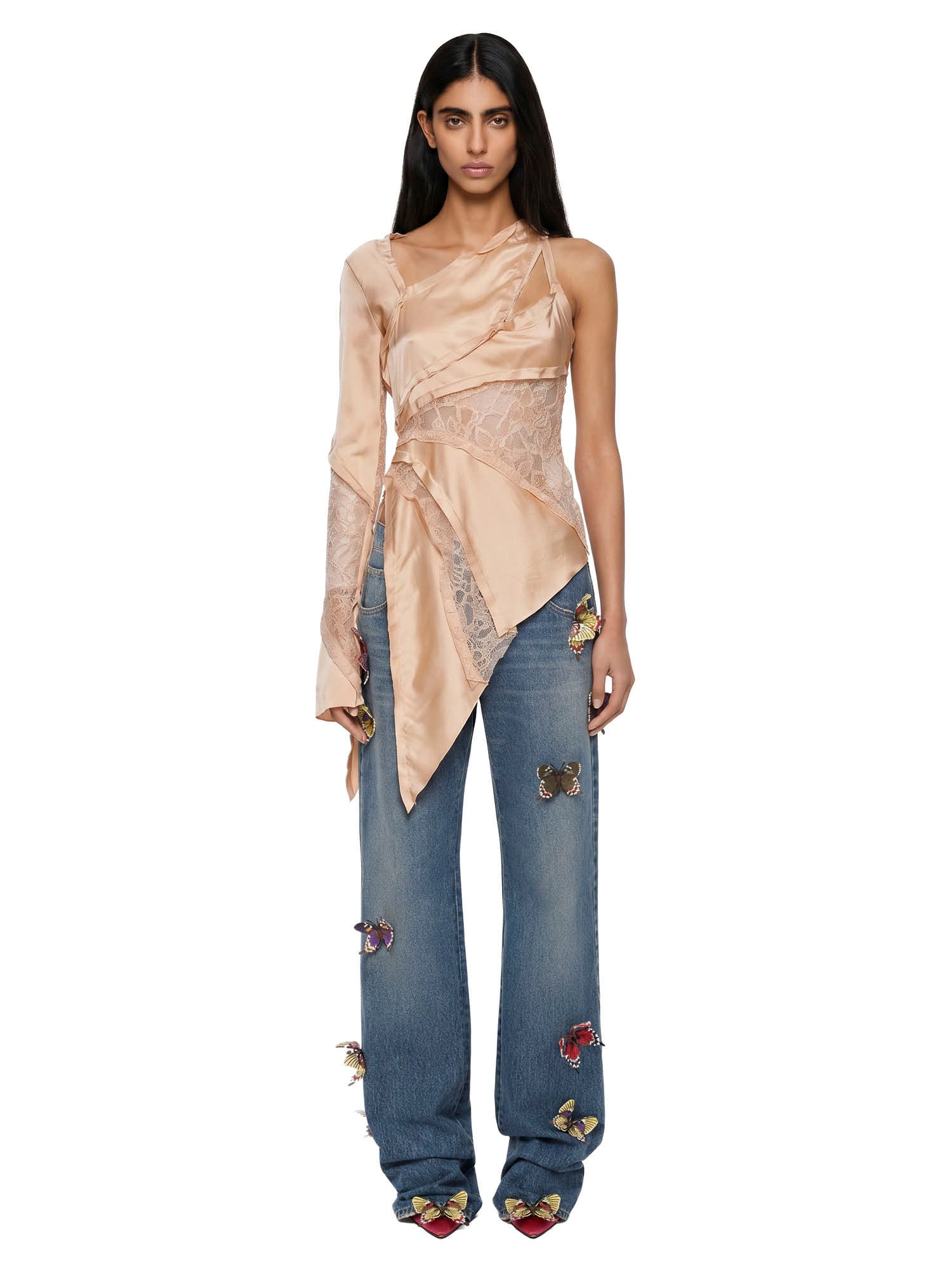 Top satinato con inserti in pizzo in beige Blumarine - donna 