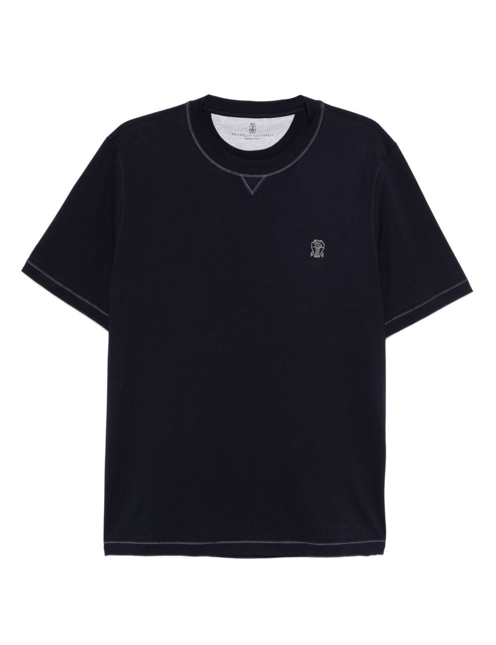 T-shirt girocollo con logo ricamato in blu Brunello cucinelli - uomo 