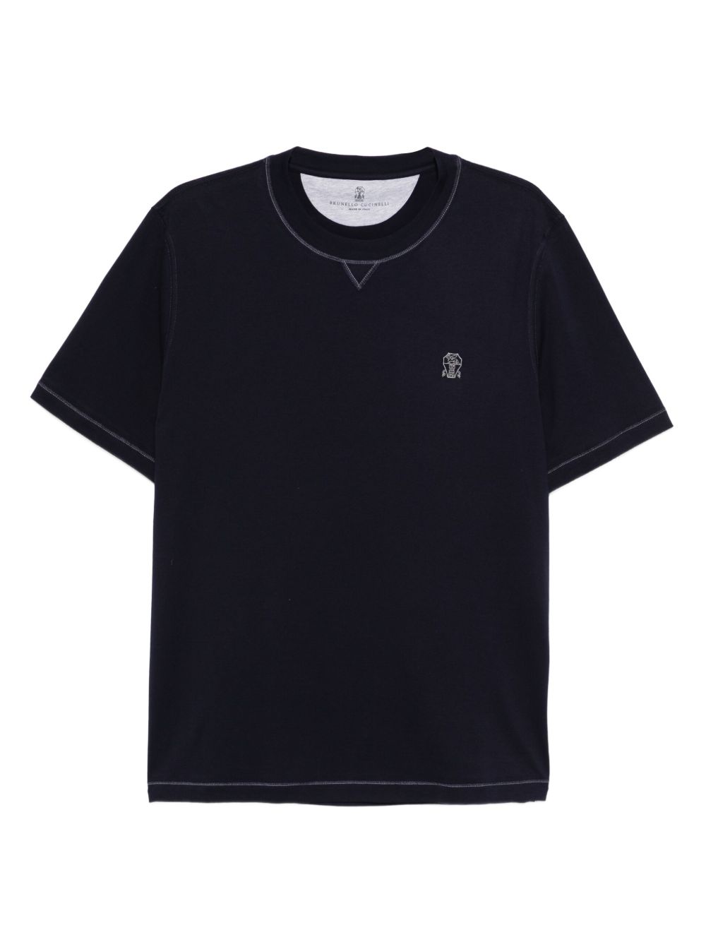 T-shirt girocollo con logo ricamato in blu Brunello cucinelli - uomo 