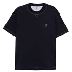 T-shirt girocollo con logo ricamato in blu Brunello cucinelli - uomo 