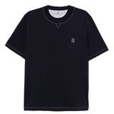 T-shirt girocollo con logo ricamato in blu Brunello cucinelli - uomo 