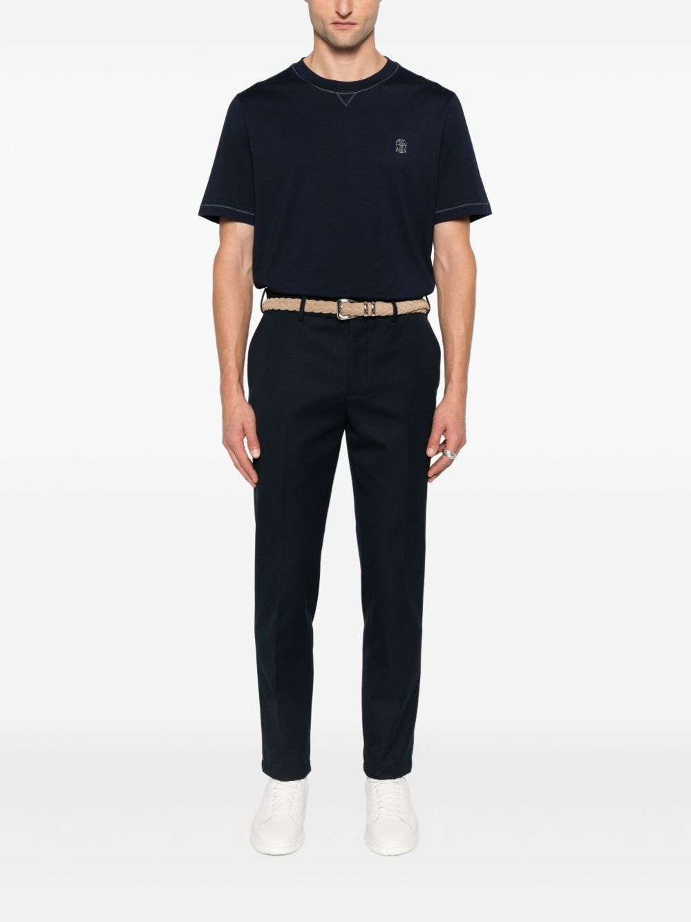T-shirt girocollo con logo ricamato in blu Brunello cucinelli - uomo 