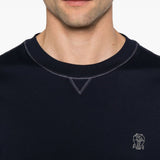 T-shirt girocollo con logo ricamato in blu Brunello cucinelli - uomo 