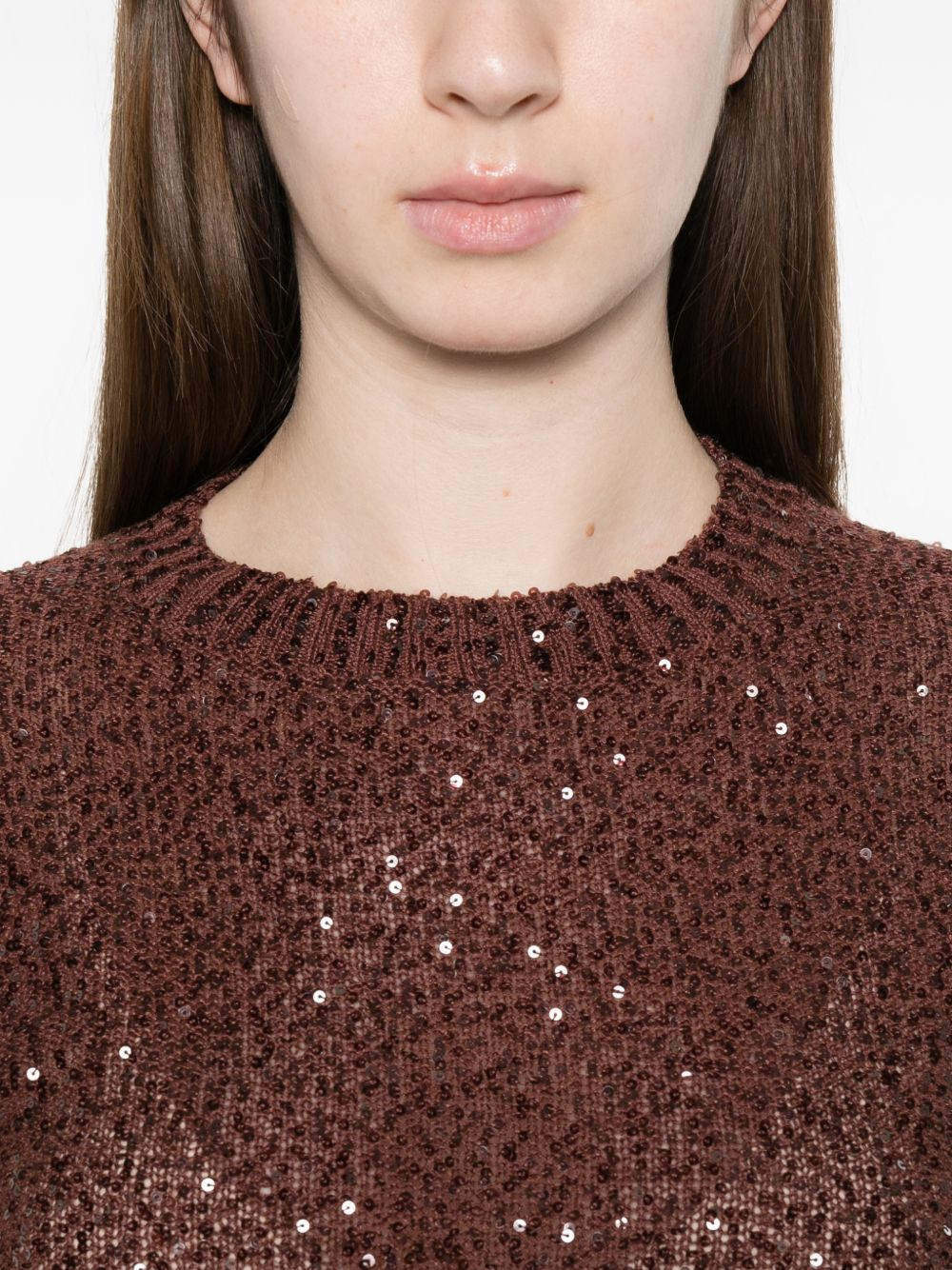 Maglione girocollo con paillettes in marrone Brunello cucinelli - donna 