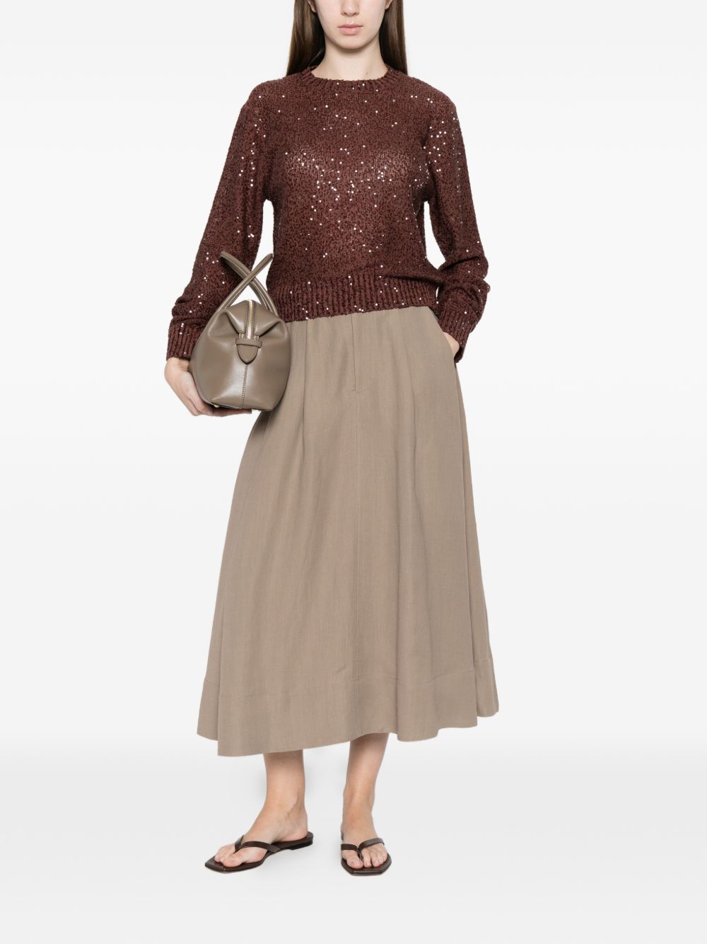 Maglione girocollo con paillettes in marrone Brunello cucinelli - donna 