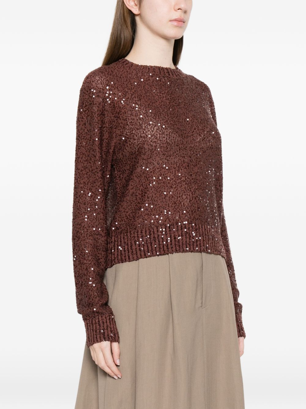 Maglione girocollo con paillettes in marrone Brunello cucinelli - donna 